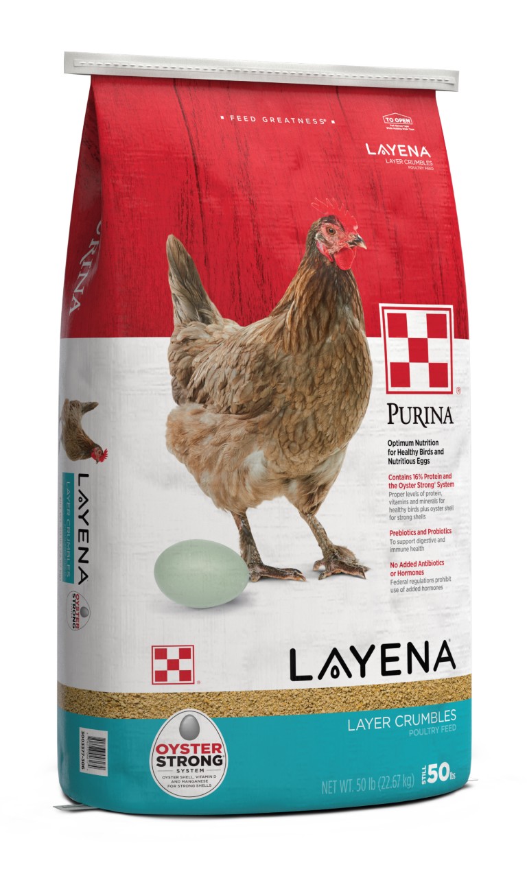 Image of a bag of Purina layer feed.