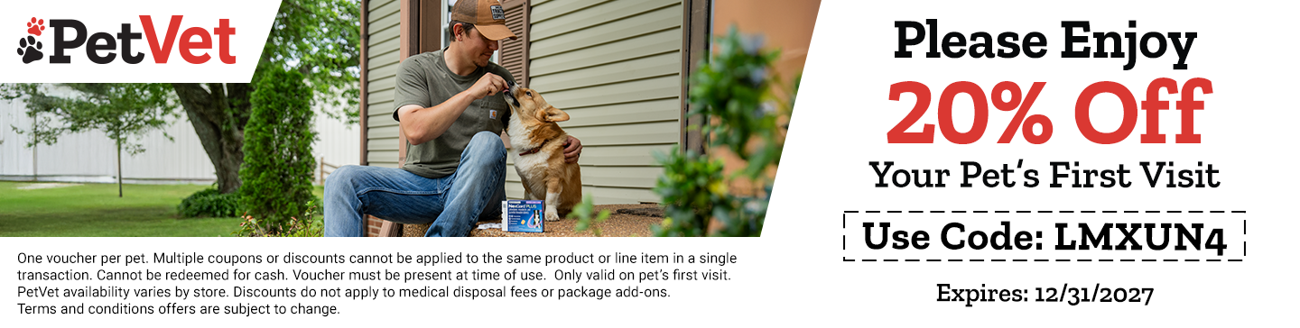 Save 20% on your pet's first PetVet visit with code LMXUN4. One voucher per pet, valid only on the pet's first visit. PetVet availability varies by store. Excludes medical disposal fees and package add-ons. Cannot be combined with other coupons or discounts or redeemed for cash. Voucher must be presented at time of use. Expires December 31, 2027. Terms and conditions subject to change.